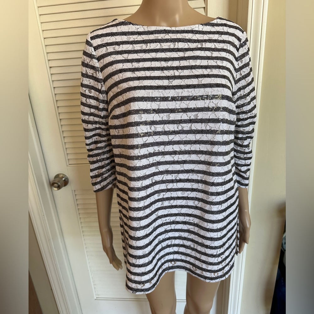 MICHAEL KORS Stripe Sequin Lace Top Blouse Back Zipper Lined Size 6 Retail $225